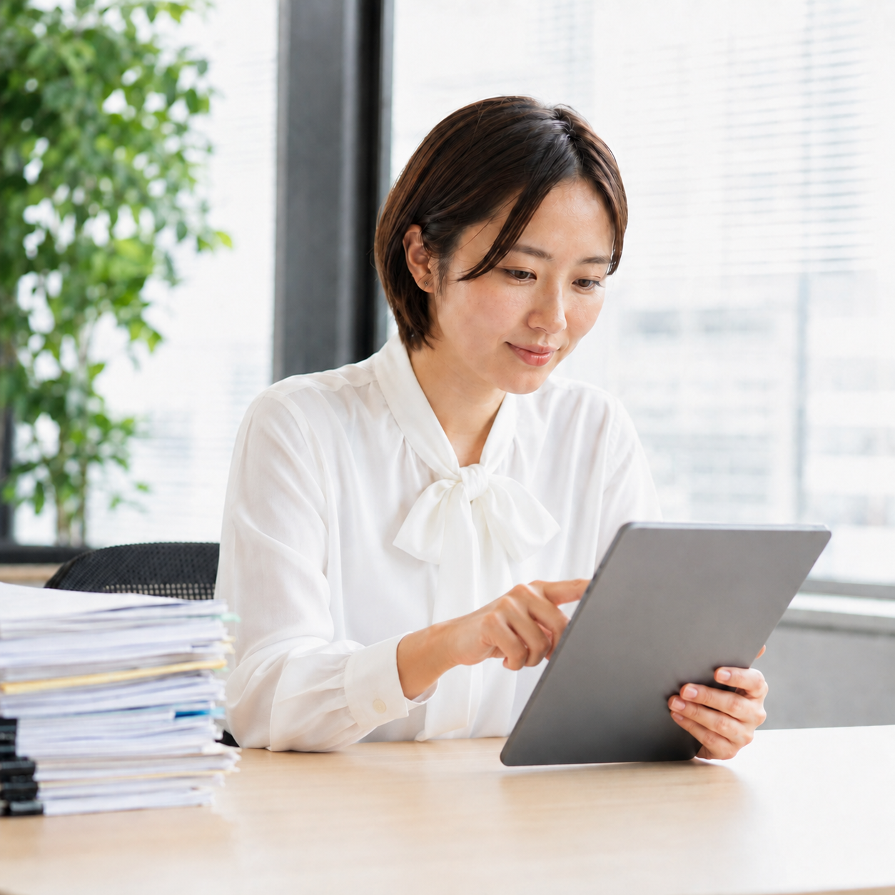 白いボウタイブラウスを着て右手でタブレットに入力する女性社員（イメージ）