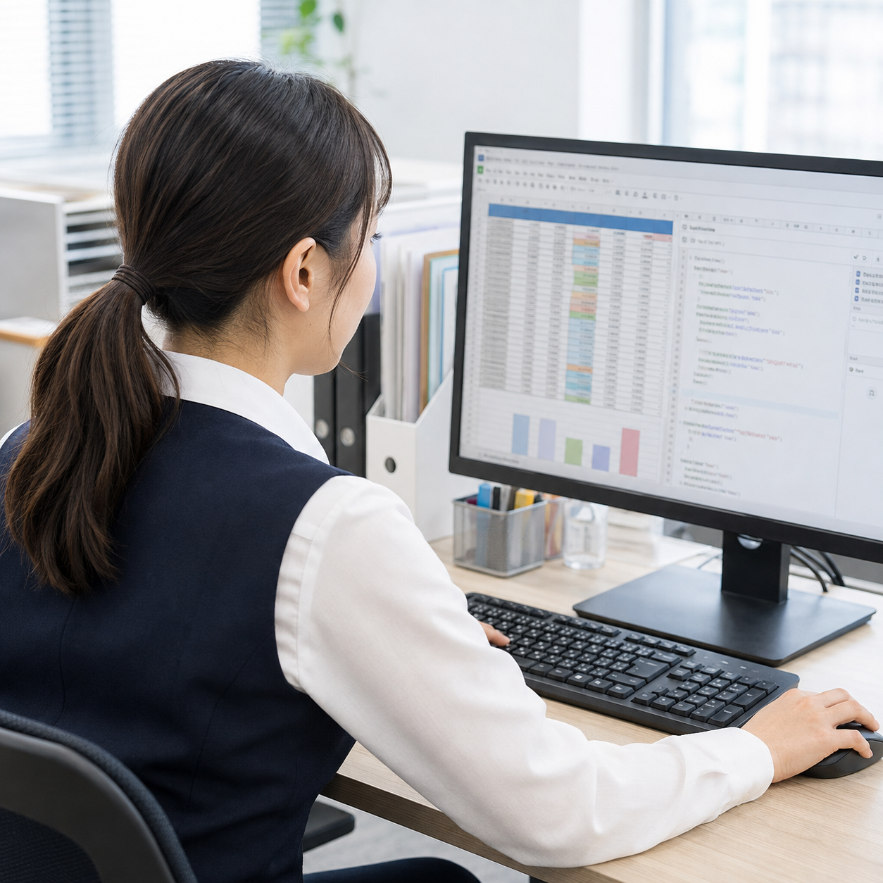 事務員制服を着てデスクトップPCでスプレッドシートを操作する女性社員（イメージ）