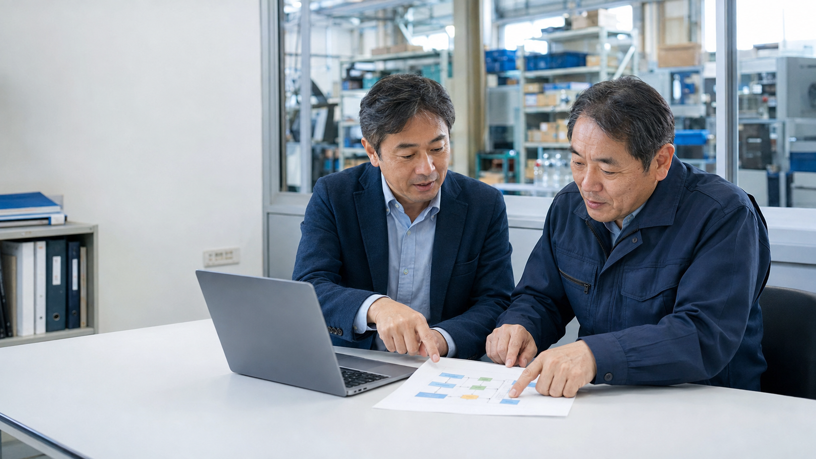 経営者と業務の流れを整理する相談風景（活用イメージ）